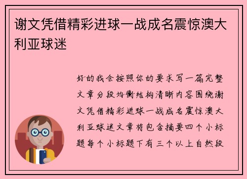 谢文凭借精彩进球一战成名震惊澳大利亚球迷